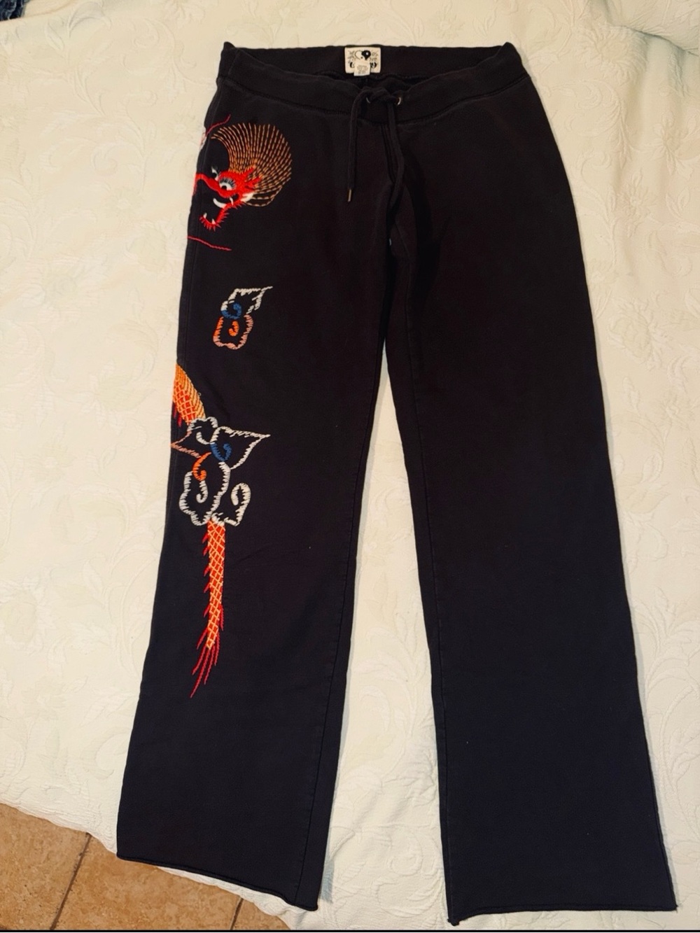 Vintage Lucky Brand Women’s Sweatpants with Red & Orange Dragon Embroidery